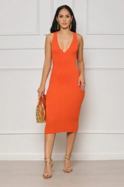 Just Enough V-Neck Ribbed Midi Dress (Orange) -Lilly's Kloset lilly7 11 2148032
