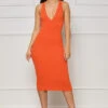 Just Enough V-Neck Ribbed Midi Dress (Orange)