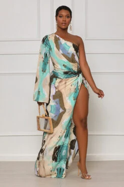 Fine Art One Shoulder Maxi Dress (Green Multi) -Lilly's Kloset lilly7 12 2348702
