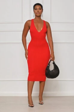 Just Enough V-Neck Ribbed Midi Dress (Red) -Lilly's Kloset lilly7 12 2349037