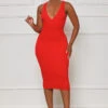 Just Enough V-Neck Ribbed Midi Dress (Red)