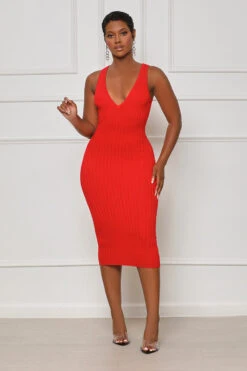 Just Enough V-Neck Ribbed Midi Dress (Red)