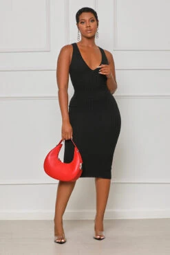 Just Enough V-Neck Ribbed Midi Dress (Black) -Lilly's Kloset lilly7 12 2349091