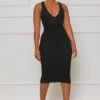 Just Enough V-Neck Ribbed Midi Dress (Black)