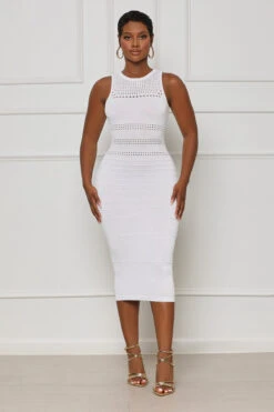 Pretty Snatched Ribbed Knit Midi Dress (White)