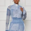 Perfectly Pleased Denim Print Mini Dress (Blue)