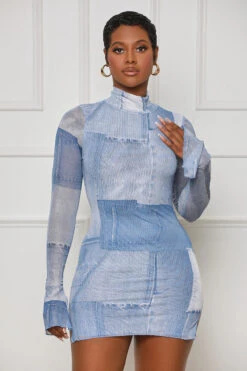 Perfectly Pleased Denim Print Mini Dress (Blue)