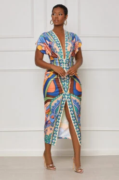 Caught In The Moment Geo Print Midi Dress (Blue Multi)