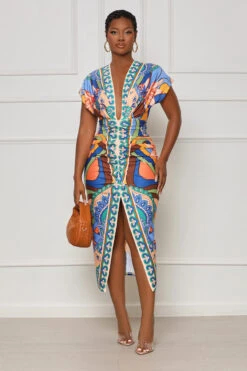 Caught In The Moment Geo Print Midi Dress (Blue Multi) -Lilly's Kloset lilly7 18 2350603