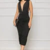 Evening Sensation Ruched Midi Dress (Black)