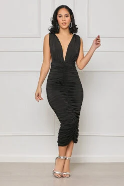 Evening Sensation Ruched Midi Dress (Black) -Lilly's Kloset lilly7 5 2345926