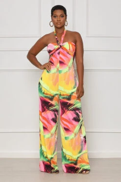 Tropical Times Halter Top Jumpsuit (Pink Multi)