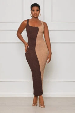 Meet My Needs Bodycon Midi Dress (Brown Multi)