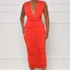 Evening Sensation Ruched Midi Dress (Red)