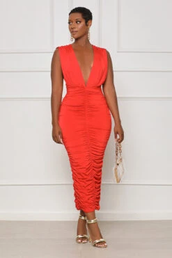 Evening Sensation Ruched Midi Dress (Red) -Lilly's Kloset lilly7 5 2346956