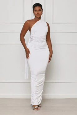 Focus On Me Ruched Backless Maxi Dress (White)