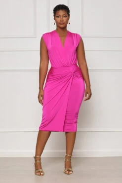 Totally Taken Ruched Midi Dress (Pink)