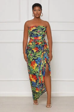 Next Beach Ruched Tropical Dress (Green Multi)