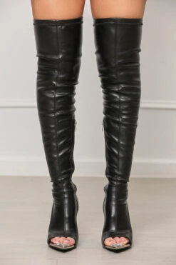 Clover Peep Toe Thigh High Boots (Black)- FINAL SALE