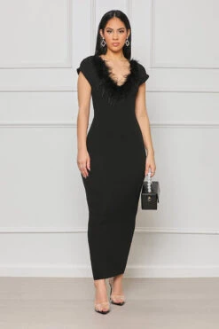 Loud Whispers Feathered Ribbed Dress (Black)- FINAL SALE