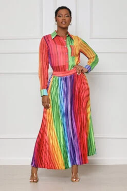 Button Down Watercolor Skirt Set (Red Multi)- FINAL SALE