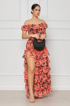 Ruffled Floral Maxi Dress (Red Multi) -Lilly's Kloset lillys2 21 239049