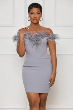 Evening Romance Feather Corset Mini Dress (Grey)- FINAL SALE