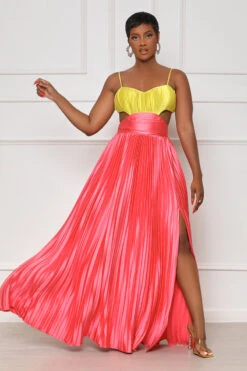 Island Elegance Plisse Maxi Dress (Yellow Multi)