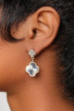 Rhinestone Clover Drop Earrings (Silver)