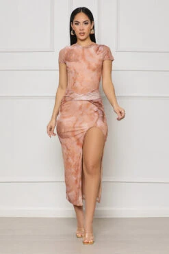 Always Noticed Mesh Midi Dress (Brown Multi)