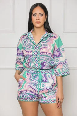 True Colors Button Up Shorts Set (Green Multi)