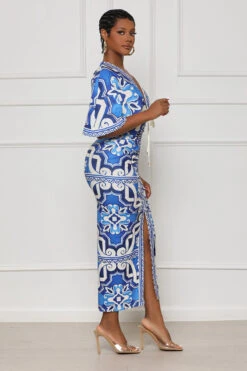True Art Drawstring Midi Dress (Blue Multi) -Lilly's Kloset lillys6 6 2334062