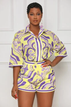 Another Status Button Down Shorts Set (Yellow Multi)