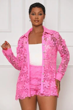 Unforgettable You Lace Jeweled Short Set (Pink)